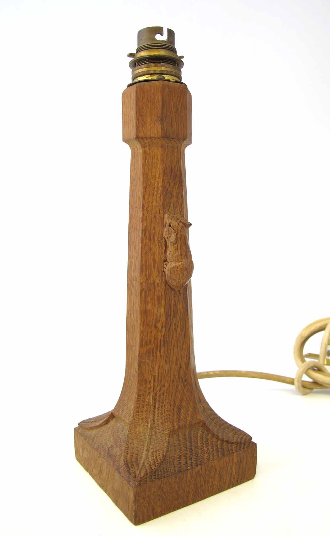 Robert "Mouseman" Thompson table lamp, the octagonal stem on a square section base, with carved - Image 2 of 2