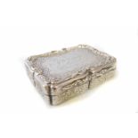 Silver calling card box by Nathanial Mills, rectangular curved form with applied scroll work