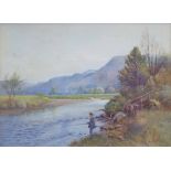 Robert J.M. Buchanan, 19th/20th century, Extensive river landscape with boy fishing, initialled,