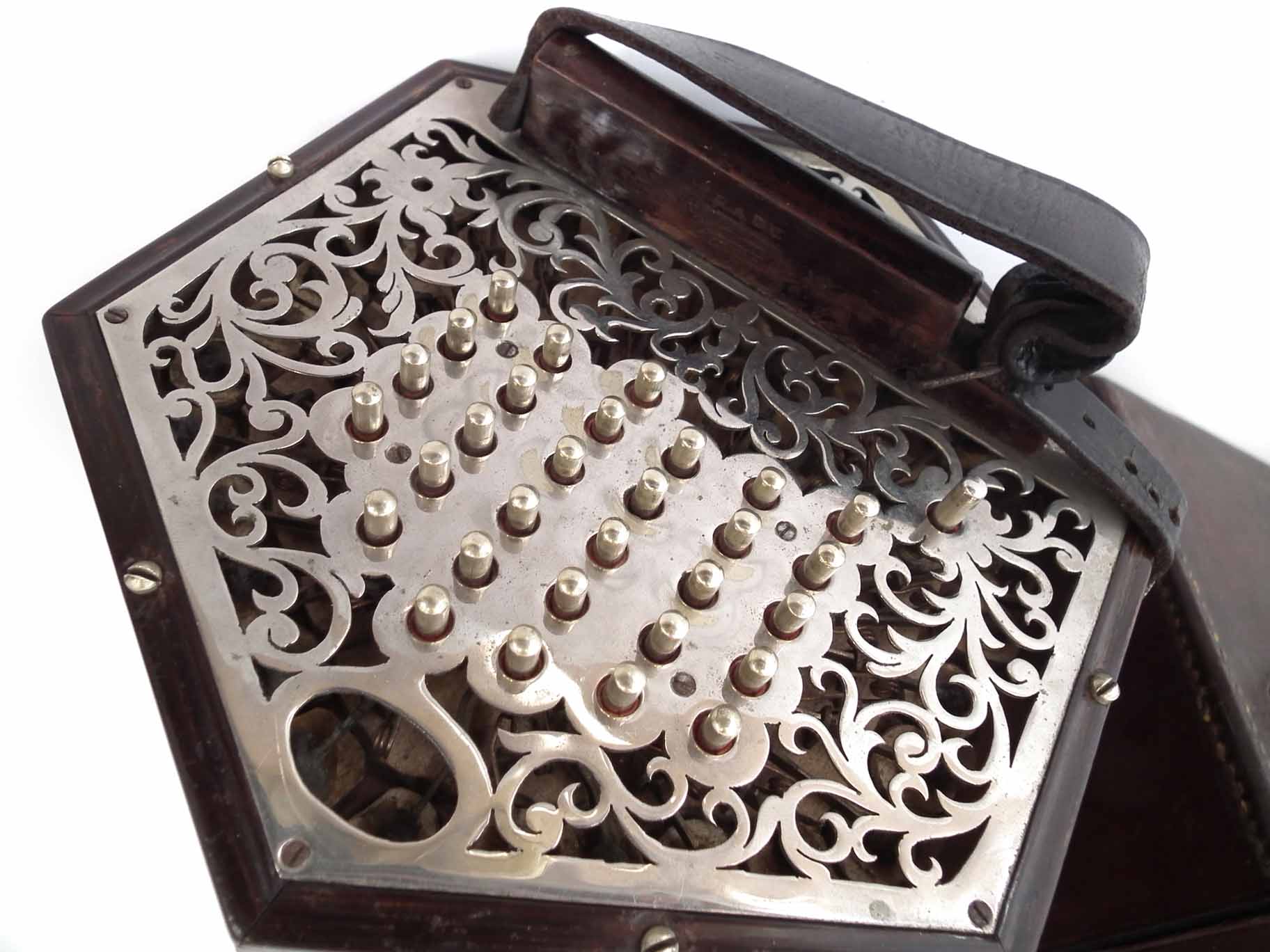 Lachenal & Co. 56 key concertina, with pierced metal end plates fitted to rosewood hexagonal body, - Image 3 of 16