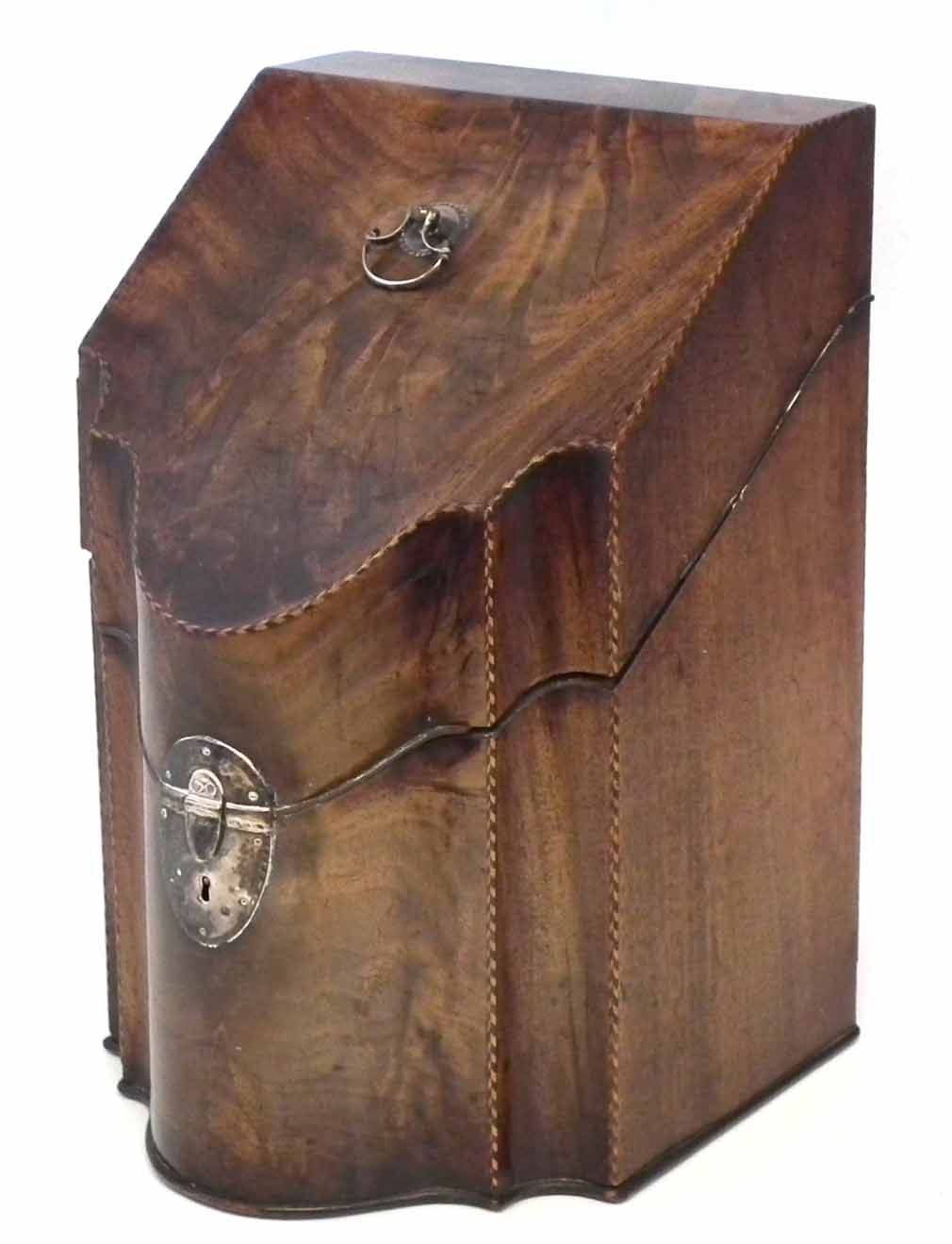 George III mahogany knife box, with herringbone inlay, fitted interior, and hallmarked silver