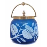 Thomas Webb cameo glass biscuit barrel, decorated with butterflies and flowers on a blue glass