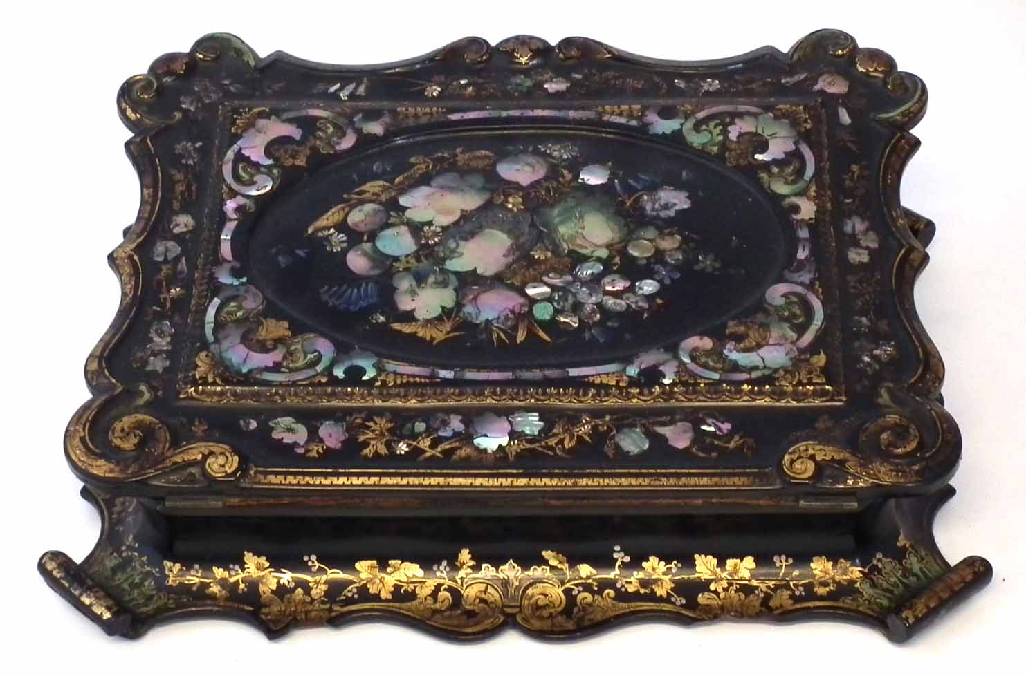 Victorian Papier Mache writing slope, decorated with flowers in abalone inlay and gilt details, - Image 12 of 12