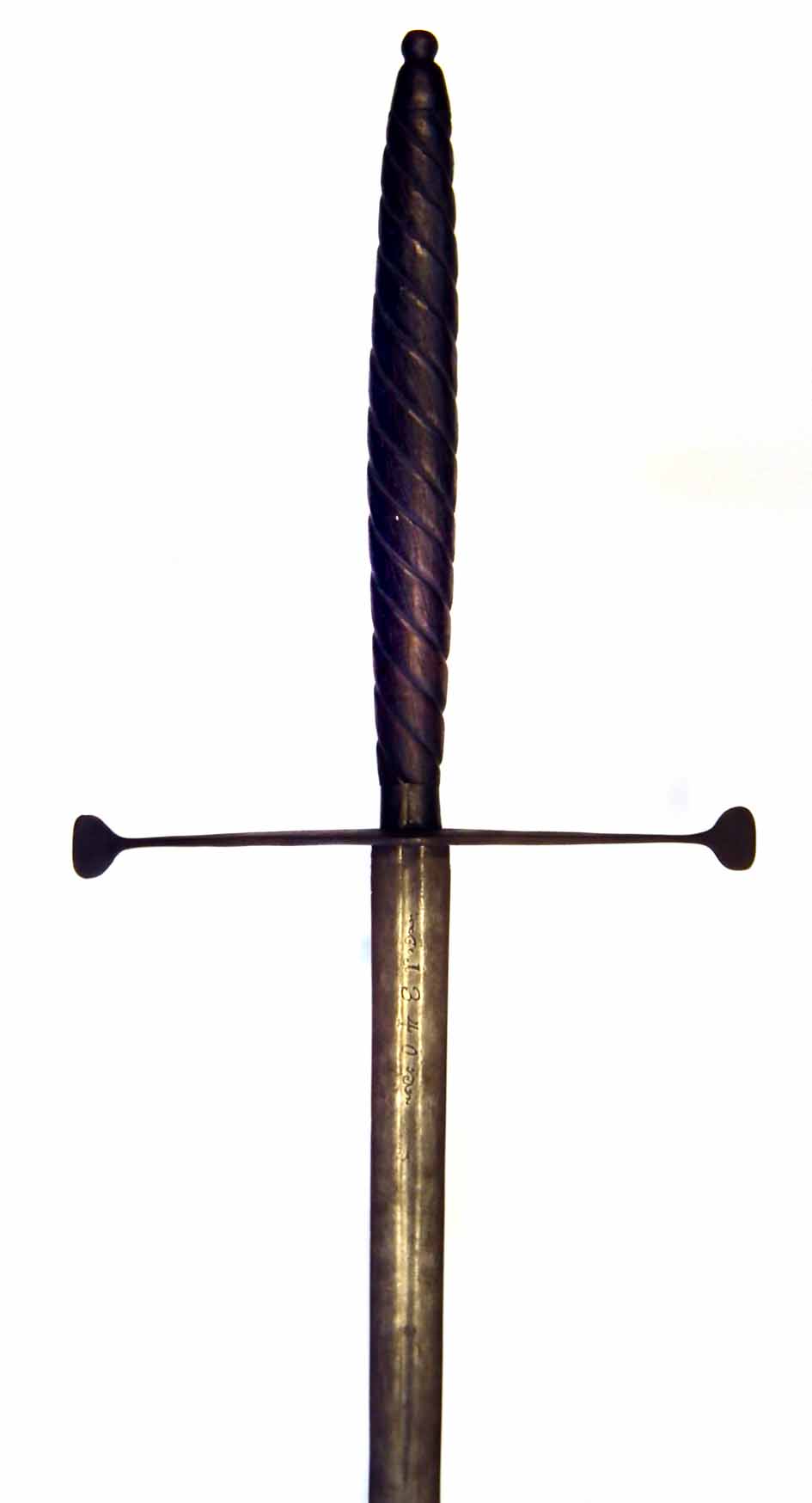 Large double handed sword, the blade bears feint traces of an orb mark to each side, engraved 1340