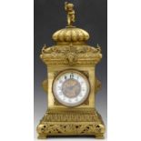 French cast brass rococo style mantel clock, late 19th century, the case of square section decorated