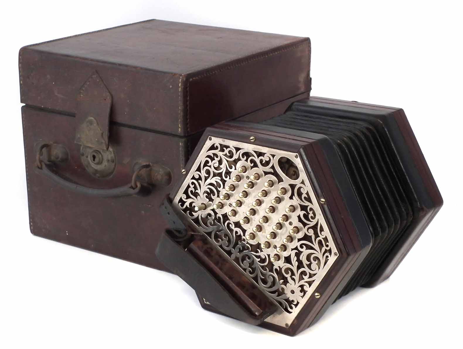 Lachenal & Co. 56 key concertina, with pierced metal end plates fitted to rosewood hexagonal body,