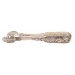 William IV pair of Irish silver sugar tongs, hallmarked for 1834, with applied leaf and scroll