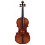 French Violin, with two piece flamed maple back and sides, red brown varnish , fitted in padded