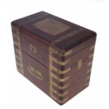 Presentation travelling box, mahogany and lacquered brass construction, the top fitted with engraved