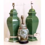 Pair of green glazed pottery table lamps Condition report: see terms and conditions.