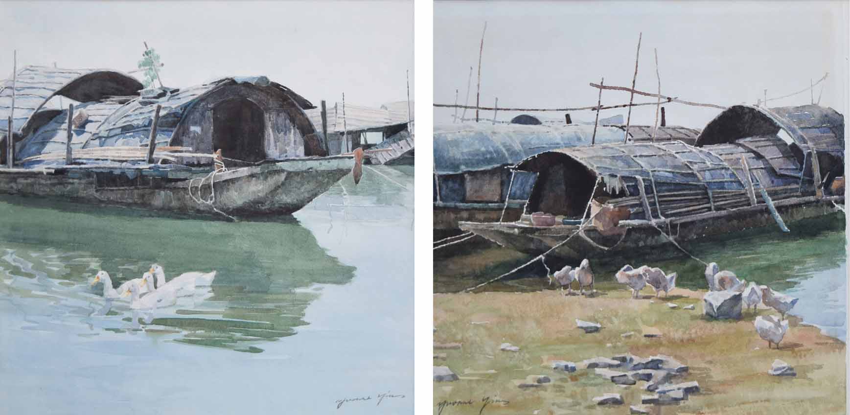 Yvonne Yin, 20th century, River scenes with ducks and Chinese barges, both signed, watercolours,