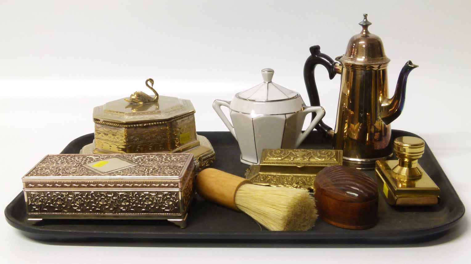 Brass Hexagonal dressing table box with swan handle, brass desk stand, brass blotter, hardwood shell