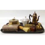 Brass Hexagonal dressing table box with swan handle, brass desk stand, brass blotter, hardwood shell