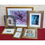 Framed ink and silver leaf painting 'The Flowers of Yesterday' and six prints. Condition report: see