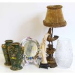 Cut glass vase, continental porcelain framed mirror, table lamp etc. Condition report: see terms and