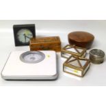 Two mirrored Two's Company boxes, treen container of floris bath soap, Smiths Morris clock, set of