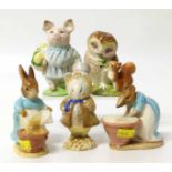 Five Beswick early gold stamp Beatrix potter figures, to include: Old Mr Brown, Amiable Guinea