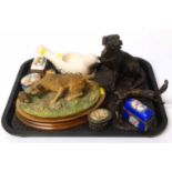 Border Fine Arts animal group, resin dog, metalware fox & hare and 3 pill boxes Condition report: