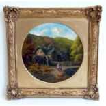 English School, 19th century, Rural view with watermill and figures, oil on canvas, Tondo in gilt