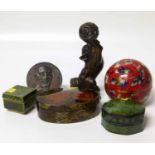 Chinese cloissonne globe box, three other boxes, a reproduction bronze dog of fo and a commemorative