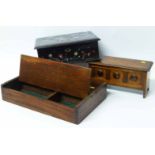 Mother-of-pearl inlaid box, oak two division cutlery box and a miniature oak blanket chest.