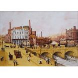 D.P. Little, 20th century, Northern townscape with figures, signed and dated 1986, oil on board,