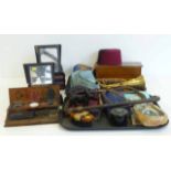 Collection of mixed wood/metal ware including Masonic items, bugle, riding crop, two folding mirrors