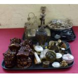 Collection of mixed items including plated ware, brass door furniture, pottery window stops etc.
