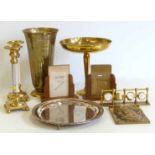 Pair of brass and glass effect candlesticks, brass tazza and vase and a brass Harrods four time zone