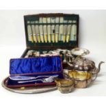 A boxed set of silver plated ?? ?? together with a tray, three piece tea set and a bon bon dish