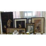 Quantity of various oriental artworks to include woodblock prints and needlework pictures. No