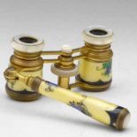 French gilt metal and enamel opera glasses with pearl eyepieces and folding handle, inscribed