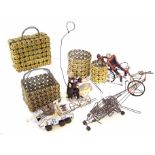 Collection of African novelty wire and metal sculptures, to include a briefcase, basket and two