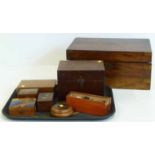 Victorian walnut writing slope, cased set of dominoes and six small boxes. No condition reports