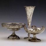 Filled silver bon-bon dish, diameter 13cm; a smaller silver bon-bon dish; wrythen silver trumpet