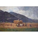 English School, 19th century, Harvesting scene, indistinctly signed, oil on board, 16.5 x 25cm.; 6.5