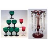 Victorian ruby glass lustre, six green wine glasses and a pair of red glasses No condition reports