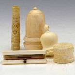 Victorian ivory bell-shaped thimble case, height 45mm; Victorian ivory acorn-shaped bobbin case,