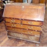 Geo III oak bureau with fitted interior on ogee feet, 102cm wide No condition reports for this sale