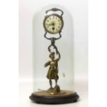 Victorian brass timepiece under glass dome, the base in the form of a Scottish Highlander No