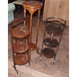 Two oak and mahogany afternoon tea stands and jardinier stand. No condition reports for this sale