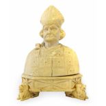 A 19th century Dieppe ivory carved box, the hinged cover in the form of a Bishop wearing a mitre,