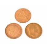 Three gold full sovereign coins dated 1910, 1911 and 1914. Confirmed total weight of 24g.