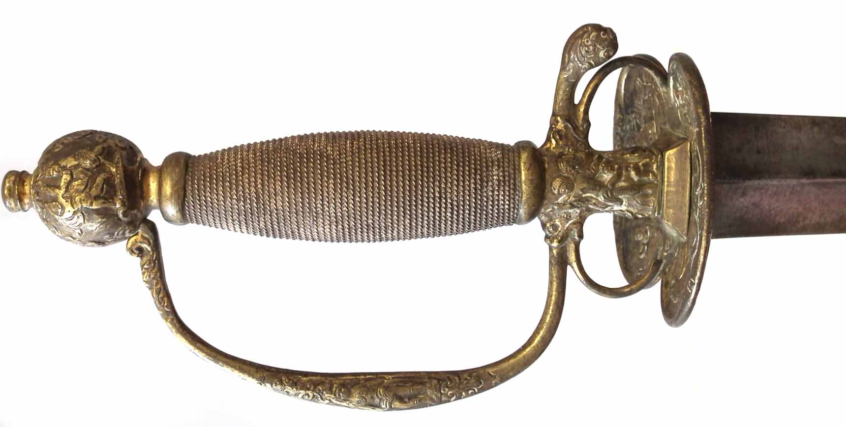 Court sword, with triangular form rapier blade and brass guard embossed with figures, with - Image 10 of 15