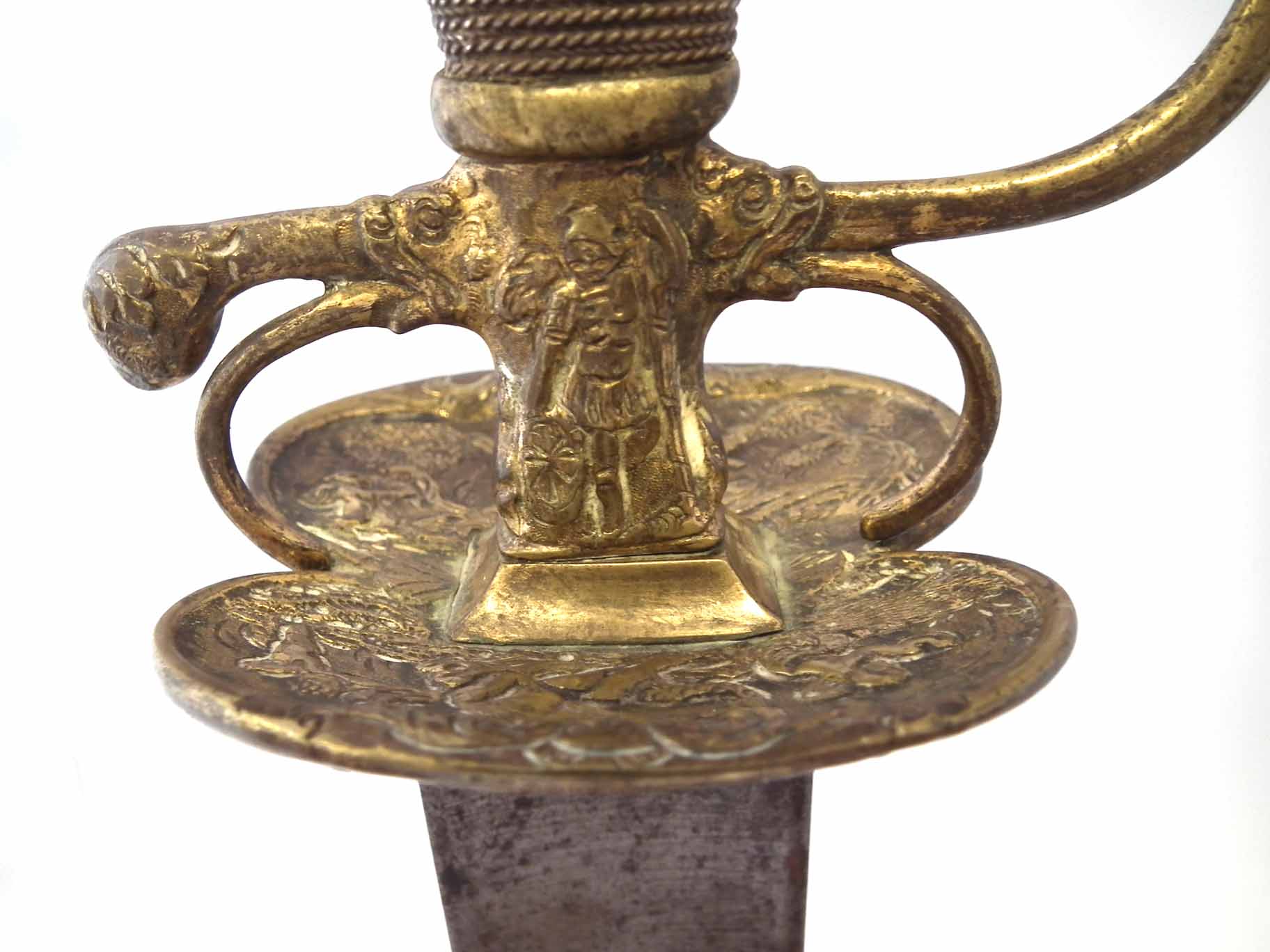 Court sword, with triangular form rapier blade and brass guard embossed with figures, with - Image 12 of 15