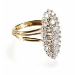 18ct gold diamond boat shaped cluster ring, a total of 27 round brilliant and round 8-cut