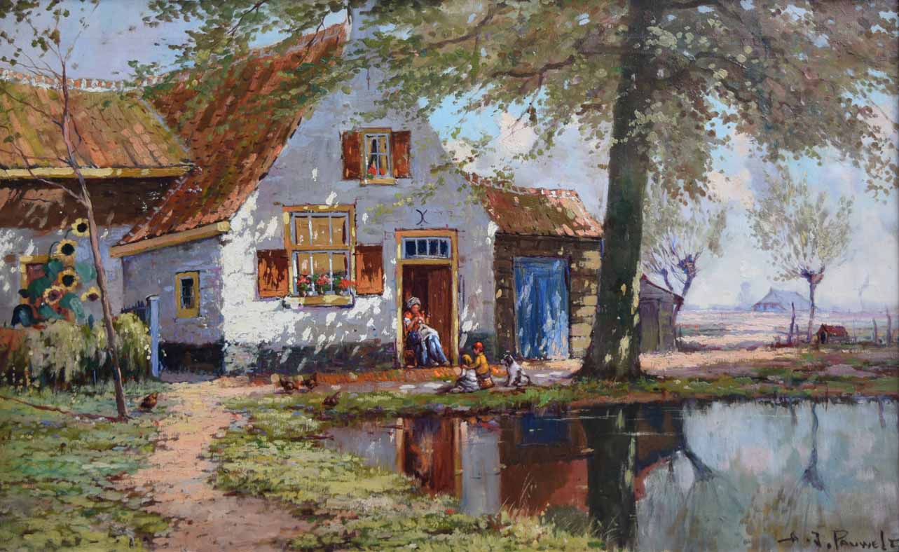 Henri Joseph Pauwels (Belgian, 1903-1983), Cottage with figures and a pond, signed, oil on canvas,
