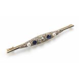 Art Deco diamond and sapphire and pearl centre boat shaped bar brooch, the central round old cut