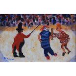 Sue Atkinson (1949-), "Cracking the Whip", signed, titled on verso, oil on canvas, 10.5 x 16.5cm.;