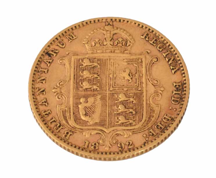 Victorian half sovereign gold coin, shield back, dated 1892. Confirmed weight 4g. Condition